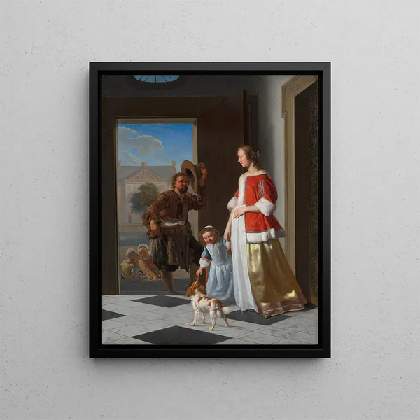 a fishmonger at the door - Jacob Ochtervelt — framed artwork on a wall