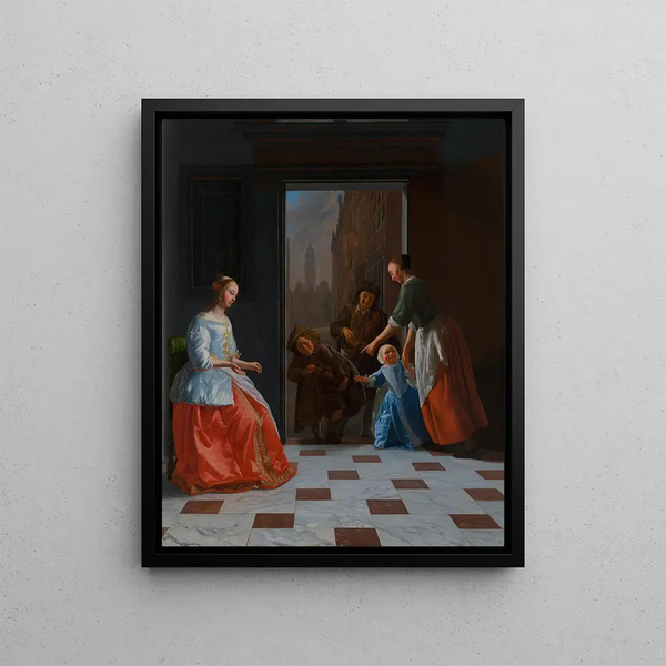the street musicians at the door - Jacob Ochtervelt — framed artwork on a wall