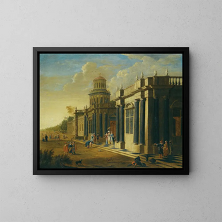 Elegant figures in oriental costume near a palace - Jacob Peeters — framed artwork on a wall