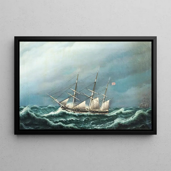 Two Danish Frigates in a Storm Signaling to Each Other - Jacob Petersen — framed artwork on a wall
