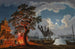 a house of customs with dancers and musicians near a fire, boats in a bay beyond - Jacob Philipp Hackert — artwork view