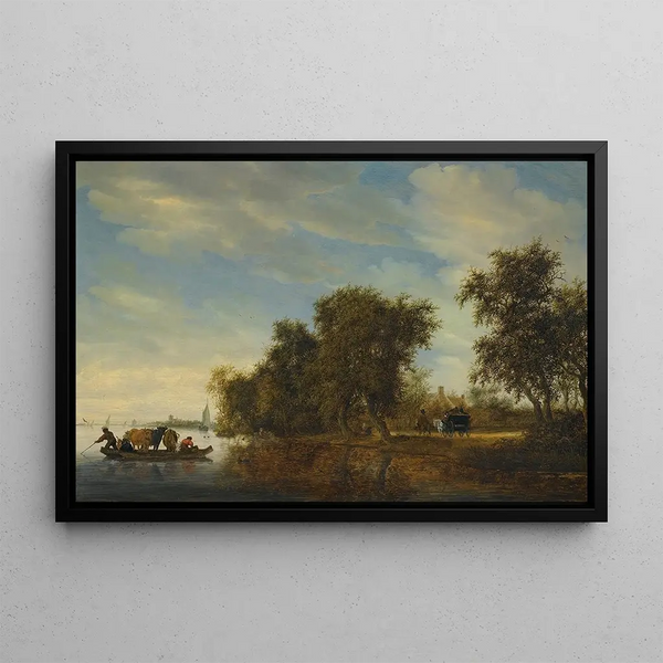 Landscape with a Ferry - Jacob Salomonsz van Ruysdael — framed artwork on a wall