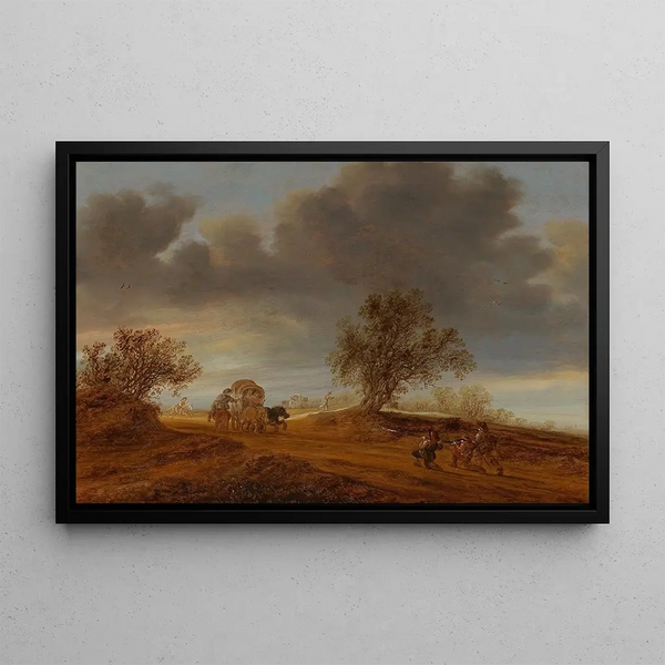 an attack on a horse and a cart in the dunes at sunset - Jacob Salomonsz van Ruysdael — framed artwork on a wall