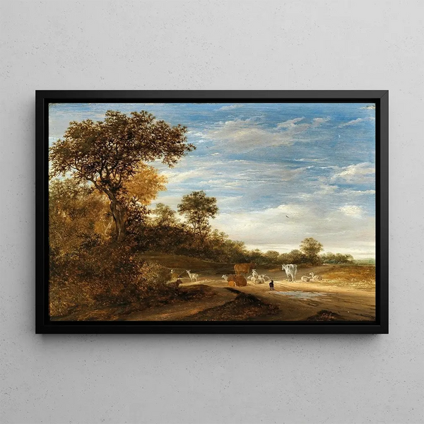 Landscape with Livestock at Rest - Jacob Salomonsz van Ruysdael — framed artwork on a wall