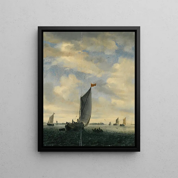 an estuary scene with Smalschips on a wide stretch before a gentle breeze - Jacob Salomonsz van Ruysdael — framed artwork on a wall