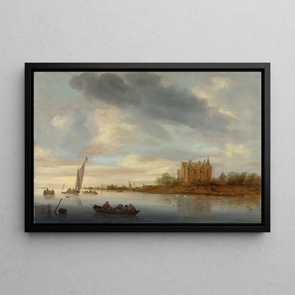 Château sur une rivière - Jacob Salomonsz van Ruysdael — framed artwork on a wall