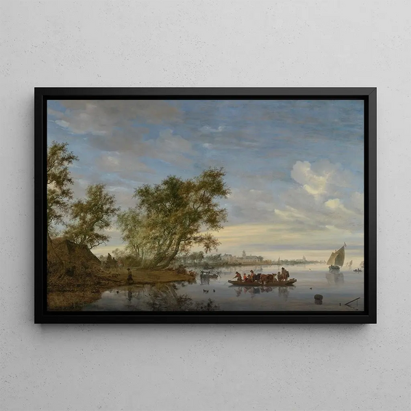 Bac with livestock on the Vecht river near Nijenrode - Jacob Salomonsz van Ruysdael — framed artwork on a wall