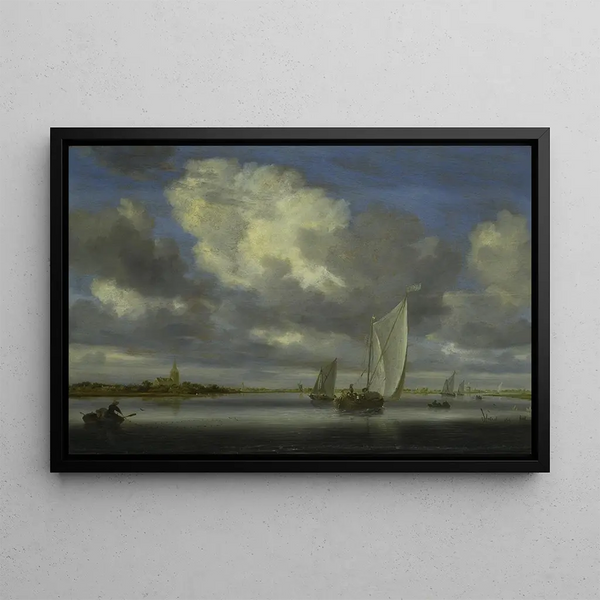 Bateaux de pêche et de voile sous un ciel vaste - Jacob Salomonsz van Ruysdael — framed artwork on a wall