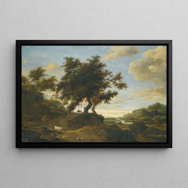 Bergers on a Slightly Wooded Terrain Overlooking a Vast River Landscape - Jacob Salomonsz van Ruysdael — framed artwork on a wall