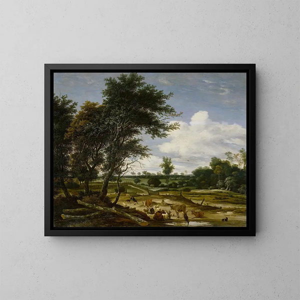 Landscape painting with shepherds and livestock - Jacob Salomonsz van Ruysdael — framed artwork on a wall