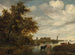 River landscape painting with fishermen and livestock, Grote Kerk church in Alkmaar in the distance - Jacob Salomonsz van Ruysdael — artwork view