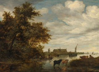 River landscape painting with fishermen and livestock, Grote Kerk church in Alkmaar in the distance - Jacob Salomonsz van Ruysdael — artwork view