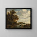 River landscape painting with fishermen and livestock, Grote Kerk church in Alkmaar in the distance - Jacob Salomonsz van Ruysdael — framed artwork on a wall