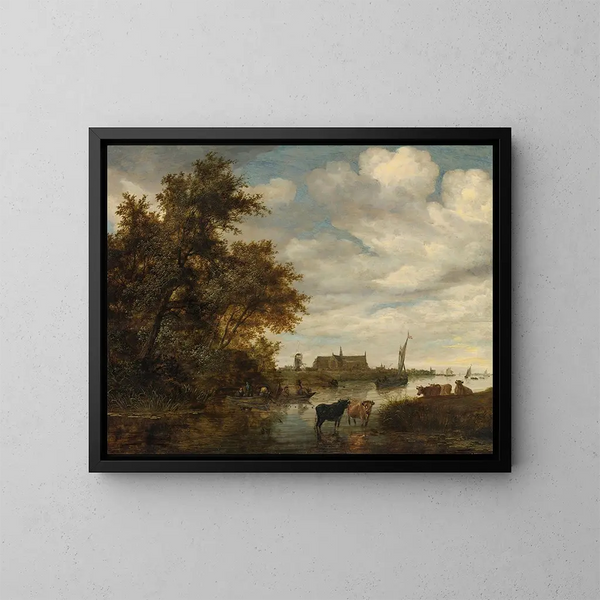 River landscape painting with fishermen and livestock, Grote Kerk church in Alkmaar in the distance - Jacob Salomonsz van Ruysdael — framed artwork on a wall