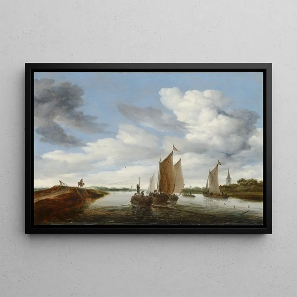 River landscape painting with sailboats and a barge pulled by horses - Jacob Salomonsz van Ruysdael — framed artwork on a wall