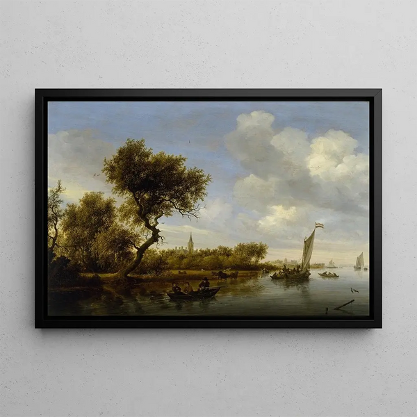 River landscape painting with a church in the distance - Jacob Salomonsz van Ruysdael — framed artwork on a wall