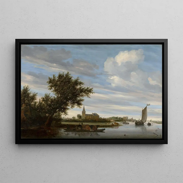 View of a river with church and ferry - Jacob Salomonsz van Ruysdael — framed artwork on a wall