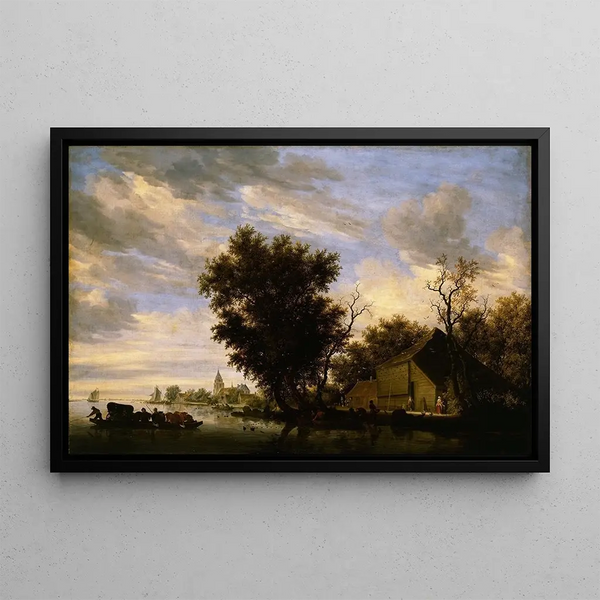 River scene with ferry - Jacob Salomonsz van Ruysdael — framed artwork on a wall