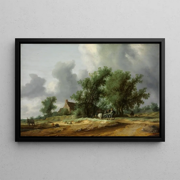 Route dans les dunes avec une diligence - Jacob Salomonsz van Ruysdael — framed artwork on a wall