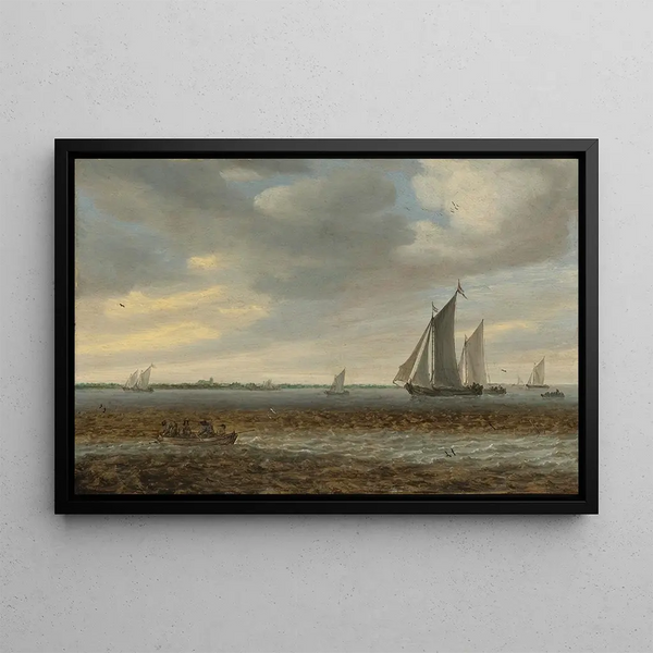 Sailing ships and rowboats in coastal waters - Jacob Salomonsz van Ruysdael — framed artwork on a wall