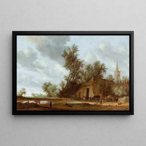 La halte à l'auberge - Jacob Salomonsz van Ruysdael — framed artwork on a wall