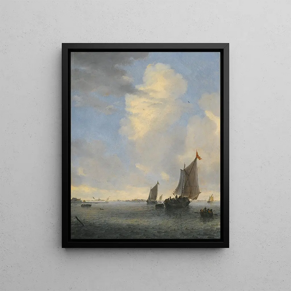 Wijdschip and other small Dutch ships at the mouth of an estuary - Jacob Salomonsz van Ruysdael — framed artwork on a wall