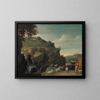 a rolling landscape with a waterfall and a goat herder - Jacob Symonsz Pynas — framed artwork on a wall