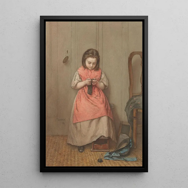 Interior painting with girl knitting - Jacob Taanman — framed artwork on a wall