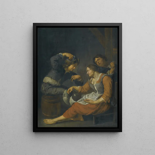 Three peasants drinking - Jacob Toorenvliet — framed artwork on a wall
