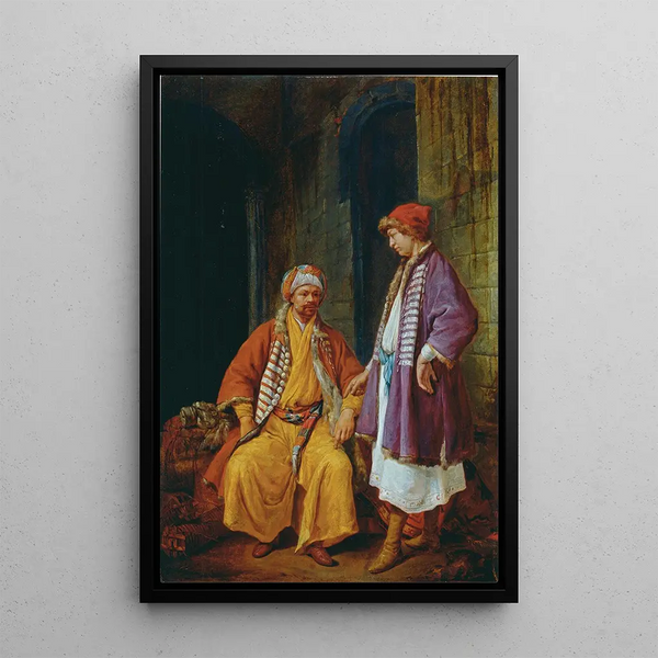 Two Turkish Merchants Conversing - Jacob Toorenvliet — framed artwork on a wall