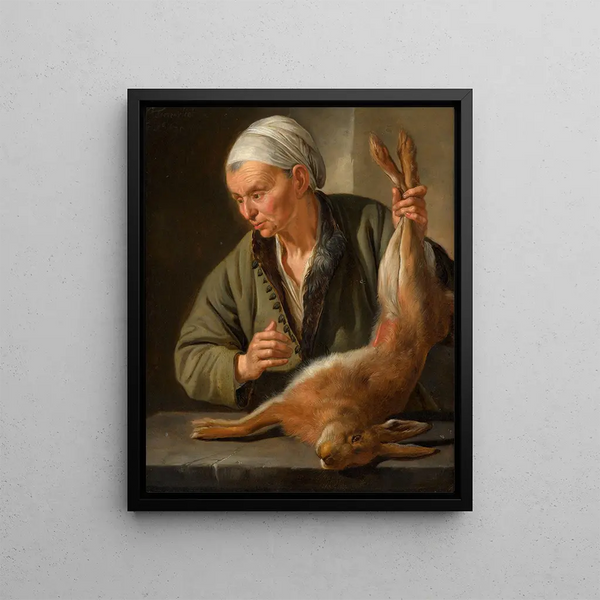 a woman presenting a hare - Jacob Toorenvliet — framed artwork on a wall