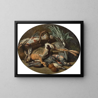 Composition with Book, Birds and Fruit Basket and Composition with Fish and Vegetables - Jacob van der Kerckhoven — framed artwork on a wall