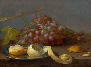 Still life with grapes, a lemon, and bread on a table - Jacob van Es — artwork view