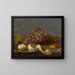 Still life with grapes, a lemon, and bread on a table - Jacob van Es — framed artwork on a wall