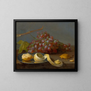 Still life with grapes, a lemon, and bread on a table - Jacob van Es — framed artwork on a wall
