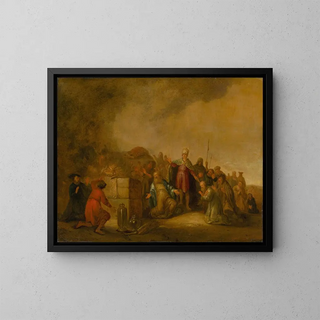 The sacrifice of Elijah to the god Baal on Mount Carmel - Jacob Willemsz de Wet — framed artwork on a wall