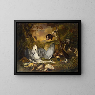 Nature morte avec des chiens - Jacob Xavier Vermoelen — framed artwork on a wall