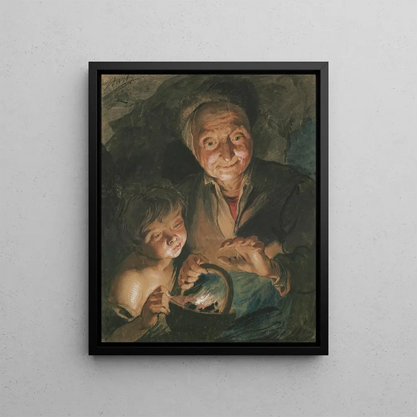 an old woman and a boy warming their hands - Jacob de Wit — framed artwork on a wall