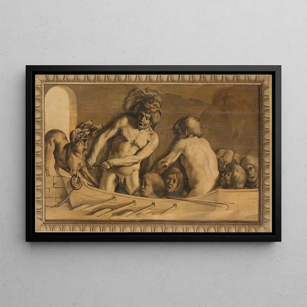 Hercules taking Cerberus from the Underworld, Charon the ferryman of the Styx - Jacob van Campen — framed artwork on a wall