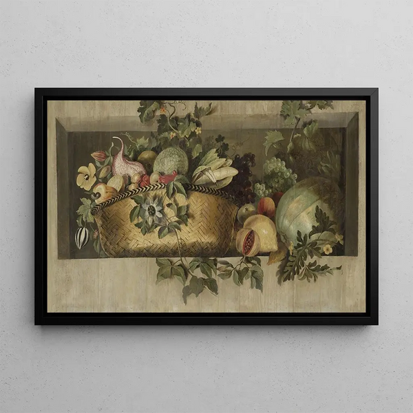 Still life with fruits and flower garlands - Jacob van Campen — framed artwork on a wall
