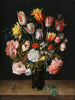 A still life of tulips, roses, hyacinths, daffodils, a peony, and other flowers in a glass roemer on a wooden ledge with a dragonfly - Jacob van Hulsdonck — artwork view