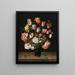 A still life of tulips, roses, hyacinths, daffodils, a peony, and other flowers in a glass roemer on a wooden ledge with a dragonfly - Jacob van Hulsdonck — framed artwork on a wall