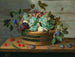 Raisins, peaches, plums, and cherries in a wicker basket with a dragonfly and a butterfly nearby - Jacob van Hulsdonck — artwork view