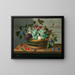 Raisins, peaches, plums, and cherries in a wicker basket with a dragonfly and a butterfly nearby - Jacob van Hulsdonck — framed artwork on a wall