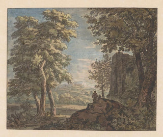 Landscape Arcadian with Ancient Ruins and Two Men - Jacob van Liender — artwork view