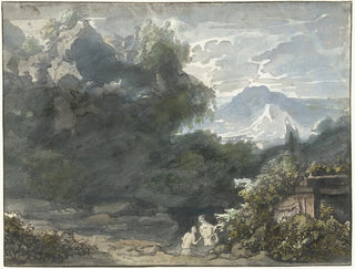 Fishermen near an ancient monument in a mountainous landscape - Jacob van Liender — artwork view