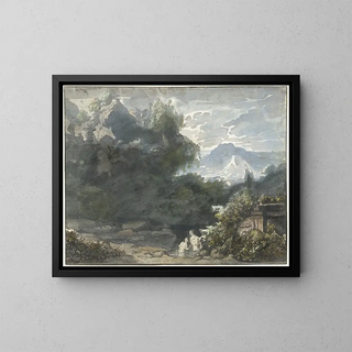 Fishermen near an ancient monument in a mountainous landscape - Jacob van Liender — framed artwork on a wall