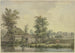 Farm by the water's edge with a wheelbarrow and a cow - Jacob van Liender — artwork view
