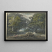Landscape painting of a forest scene, a man hunts a white stag, a woman is sitting beside - Jacob van Liender — framed artwork on a wall