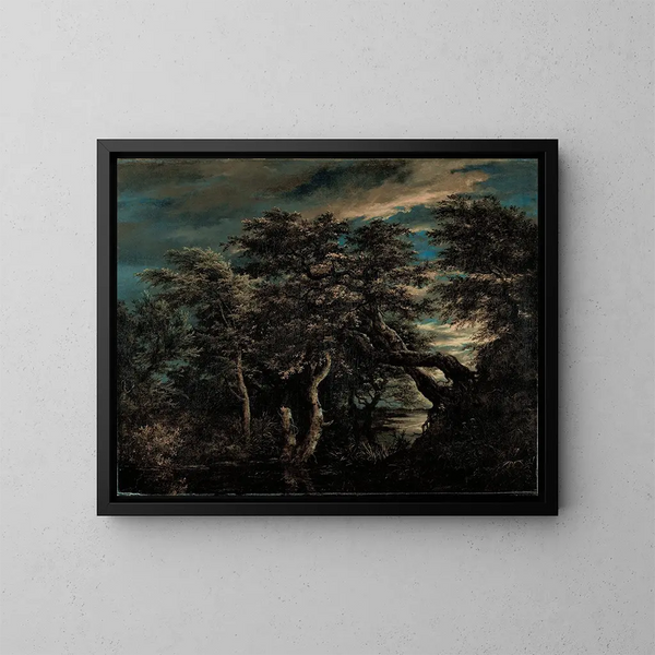 a marsh in a forest at dusk - Jacob van Ruisdael — framed artwork on a wall